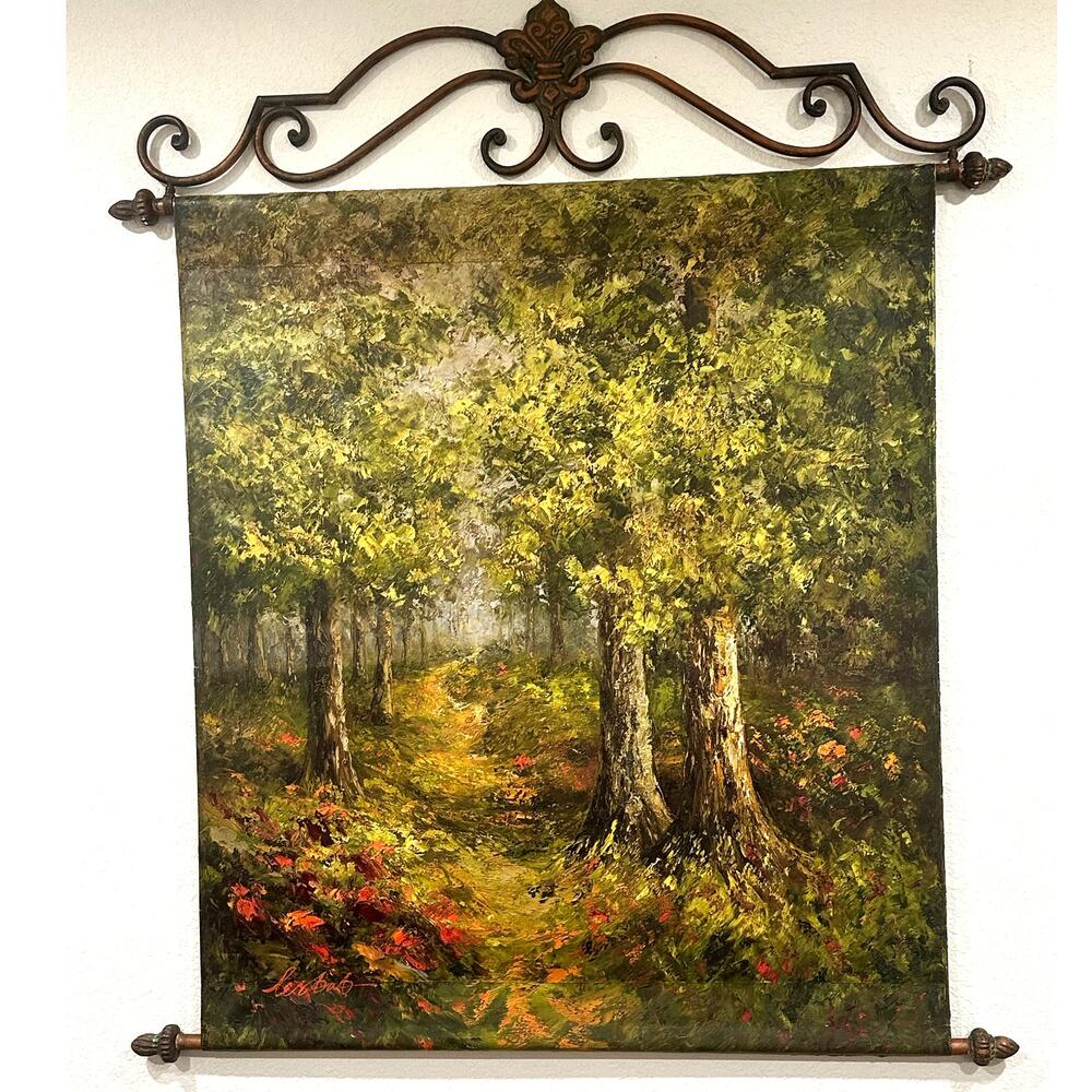 Wrought Iron Wall Hanging Hand Painted Oil Canvas Autumn Forest Scene 36” x 42”